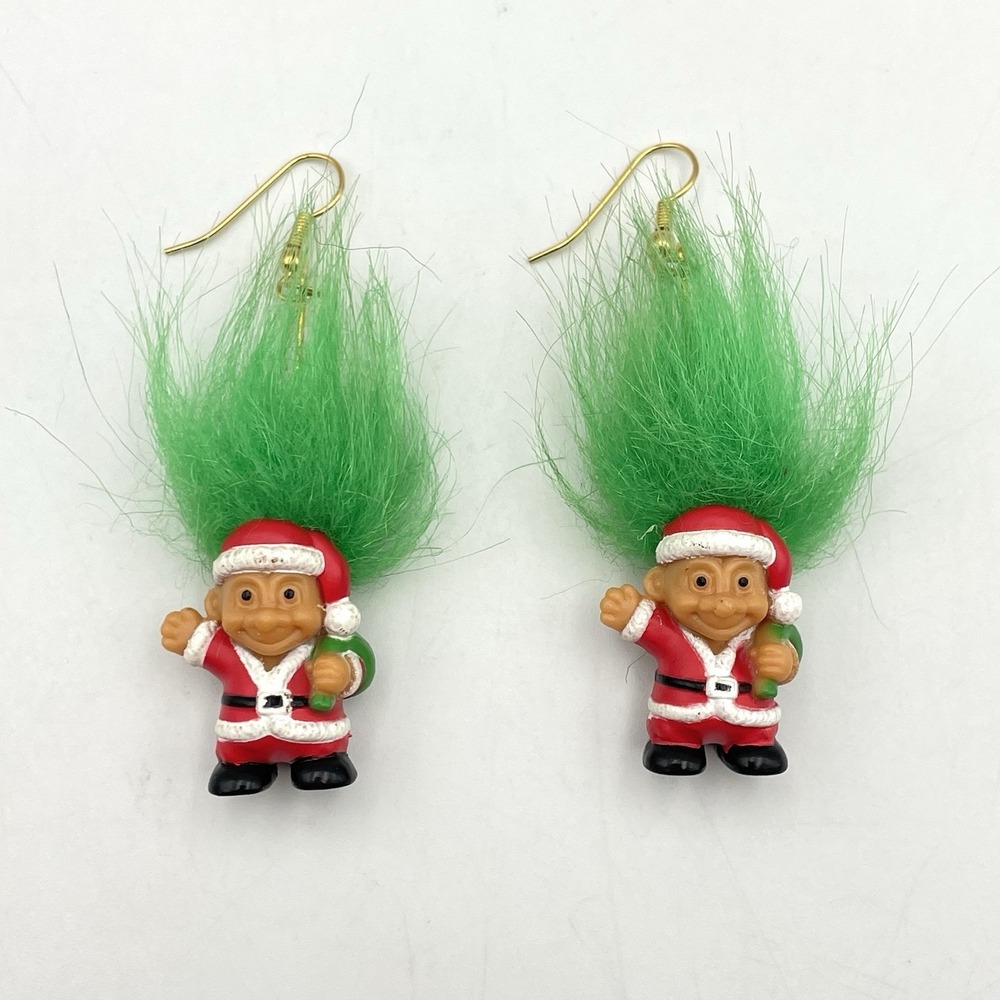 Vintage 1990s Russ Santa Troll Doll Earrings Green Hair Christmas Dangle